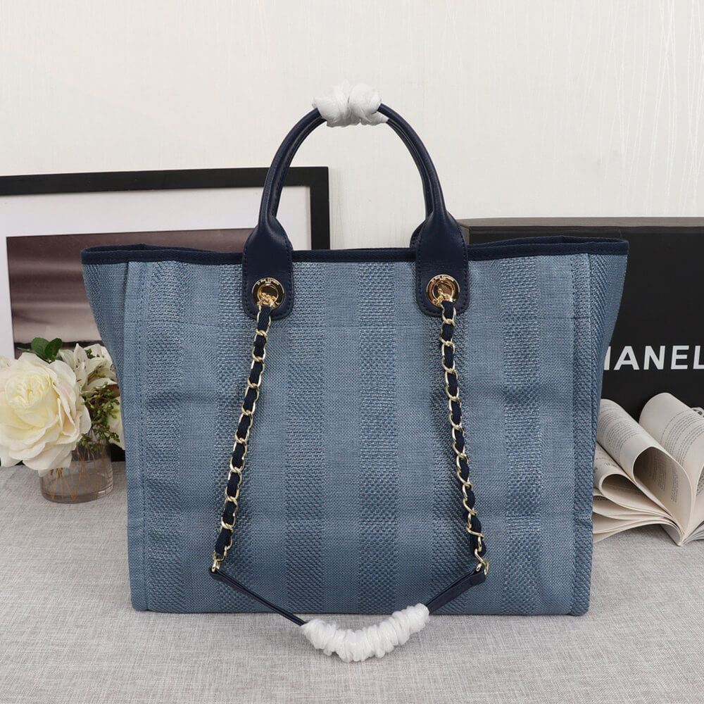 Ch*el woven straw raffia striped medium deauville tote
